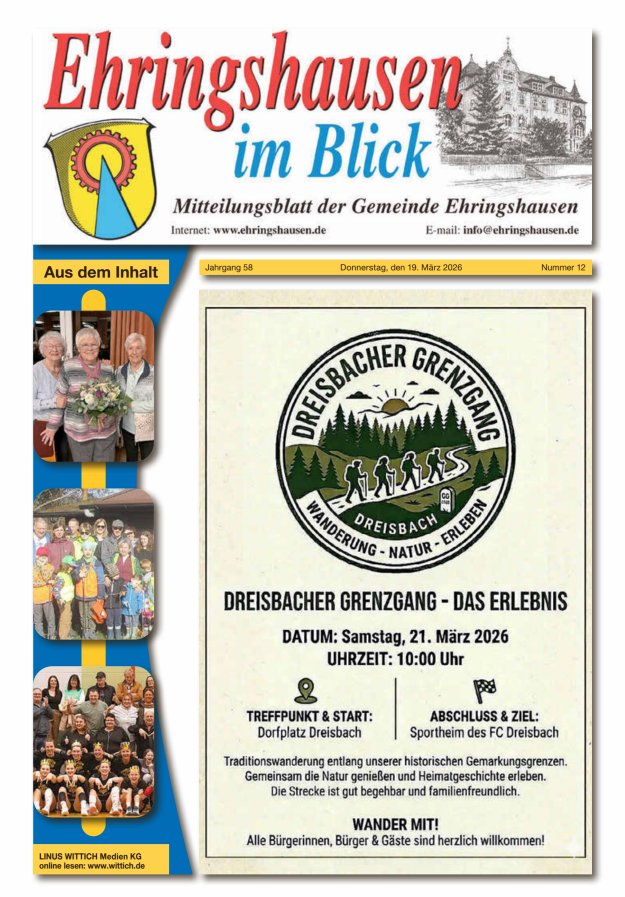 Mitteilungsblatt der Gemeinde Ehringshausen Titelblatt 12/2026