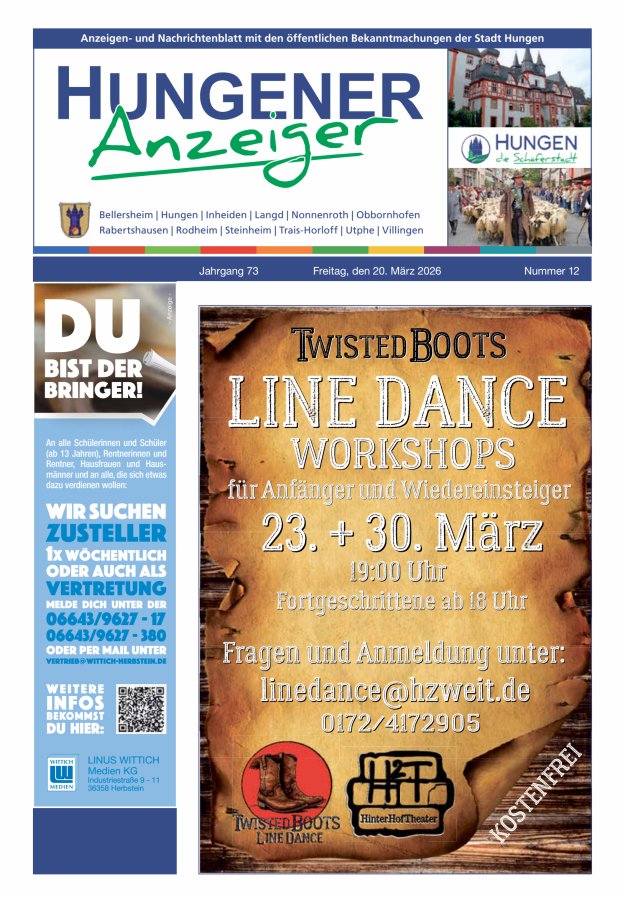 Anzeigen- und Nachrichtenblatt mit den öff  Bekanntmachungen der Stadt Hungen Titelblatt 12/2026