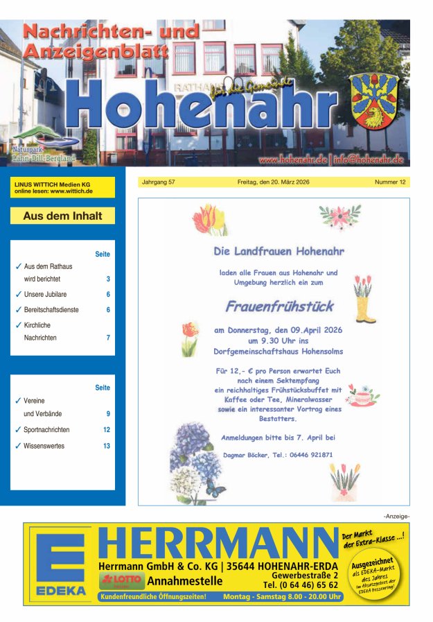 Nachrichten- und Anzeigenblatt für die Gemeinde Hohenahr Titelblatt 12/2026