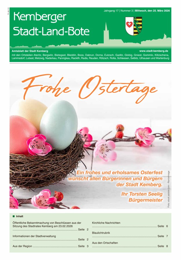 Kemberger Stadt-Land-Bote Amtsblatt der Stadt Kemberg Titelblatt 03/2026