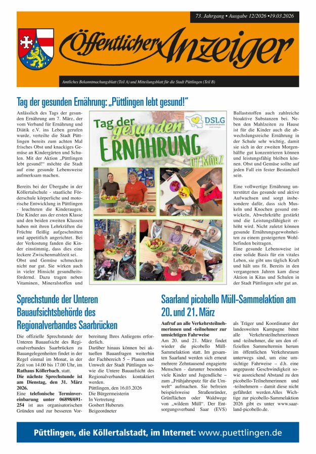 Öffentlicher Anzeiger - Stadt Püttlingen Titelblatt 12/2026