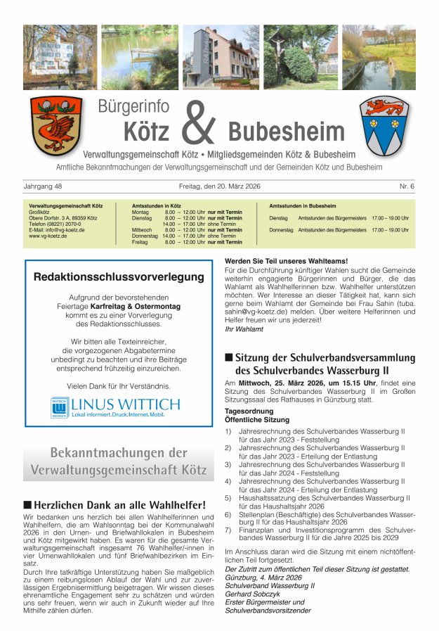 Amtsblatt der VG Kötz und der Mitgliedsgemeinden Titelblatt 06/2026