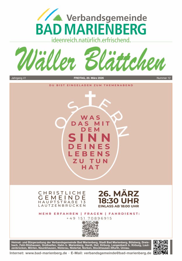 Wäller Blättchen - Verbandsgemeinde Bad Marienberg Titelblatt 12/2026