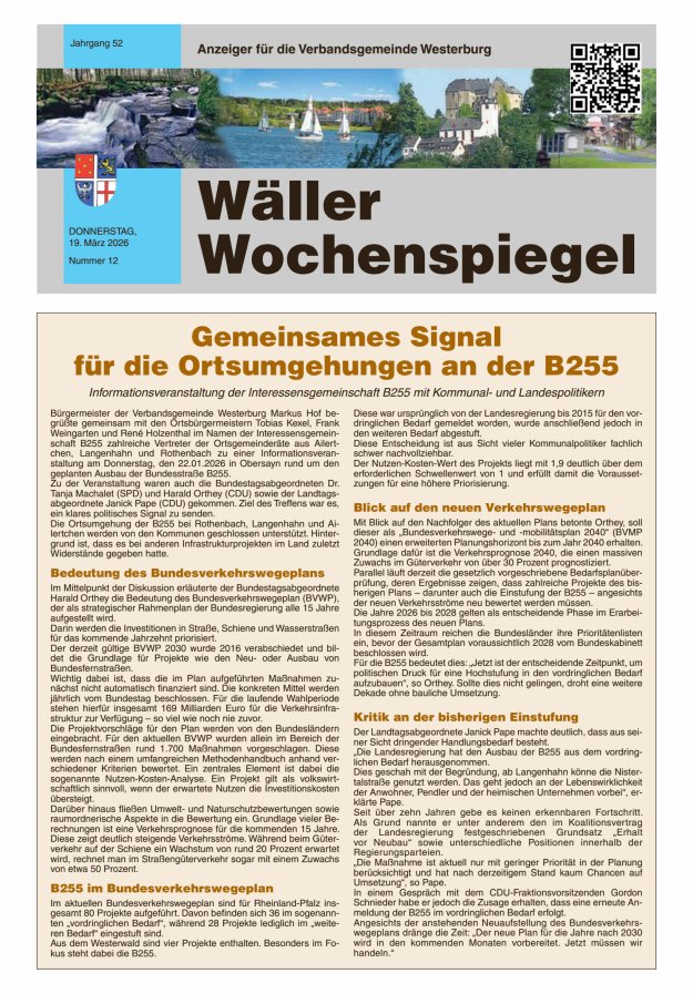Wäller Wochenspiegel - Anzeiger für die Verbandsgemeinde Westerburg Titelblatt 12/2026