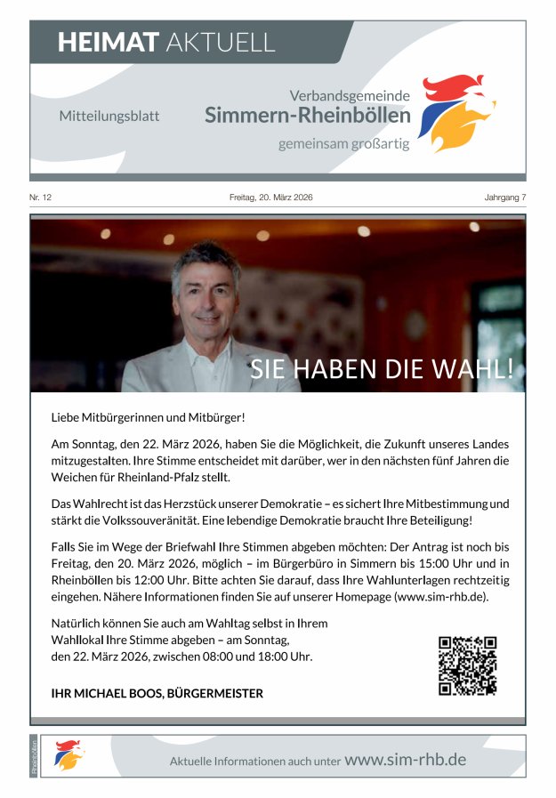Heimat Aktuell Mitteilungsblatt der VG Simmern-Rheinböllen-Ausg Rheinböllen Titelblatt 11/2026
