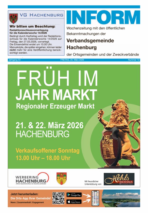 INFORM - Wochenzeitung der Verbandsgemeinde Hachenburg Titelblatt 12/2026
