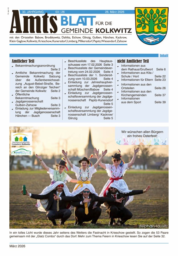 Amtsblatt für die Gemeinde Kolkwitz  Titelblatt 03/2026