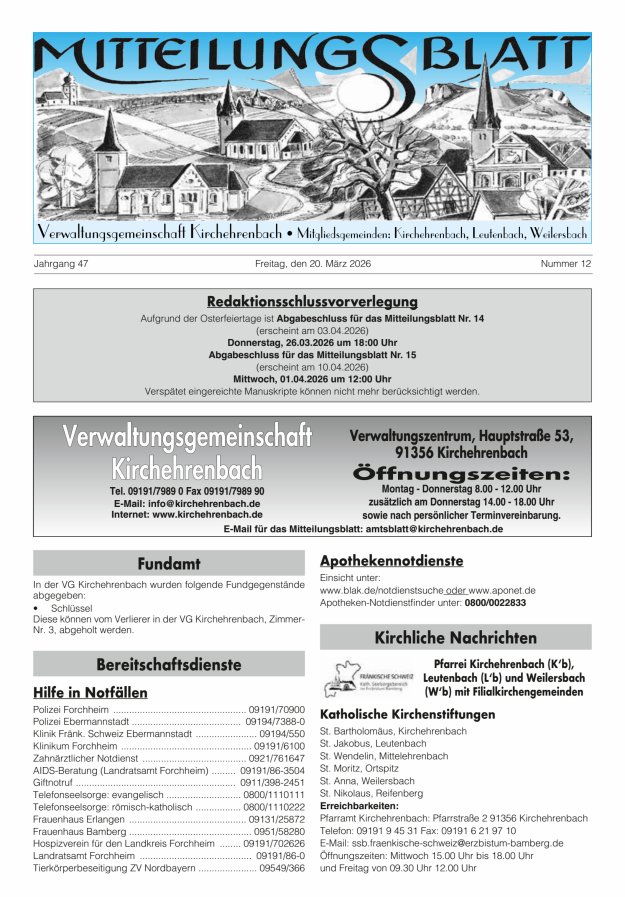 Mitteilungsblatt Verwaltungsgemeinschaft Kirchehrenbach Titelblatt 12/2026
