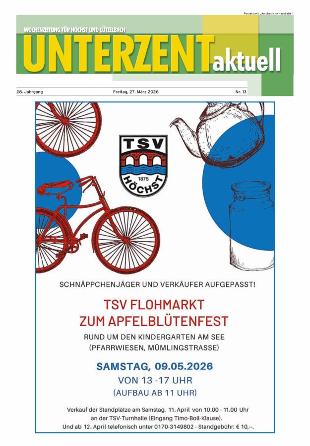 Unterzent aktuell Wochenzeitung für Höchst und Lützelbach Titelblatt 13/2026