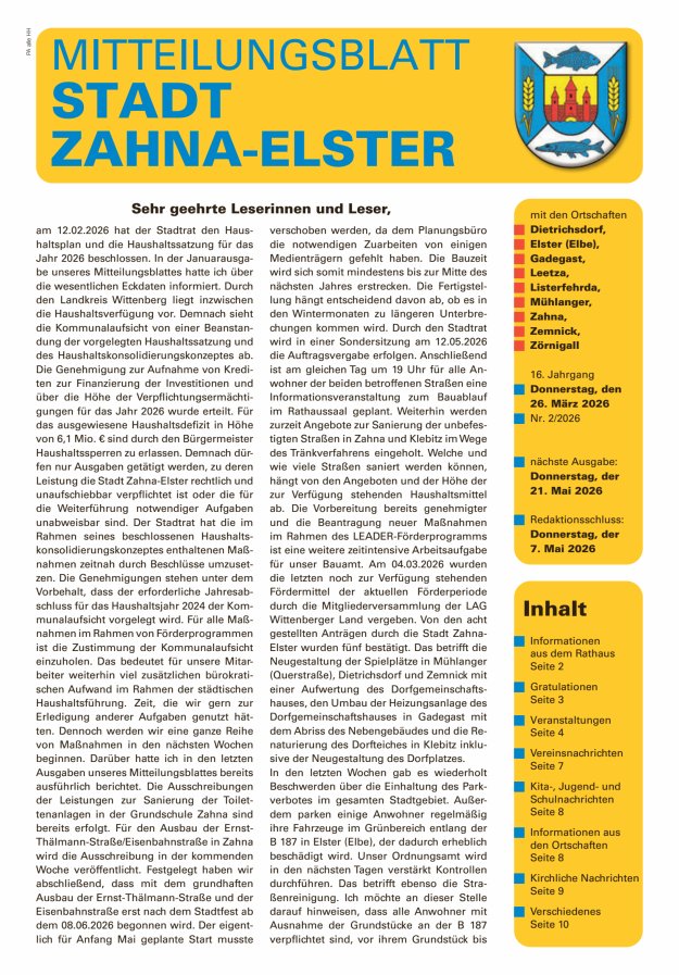 Mitteilungsblatt Stadt Zahna-Elster mit den Ortschaften Titelblatt 02/2026