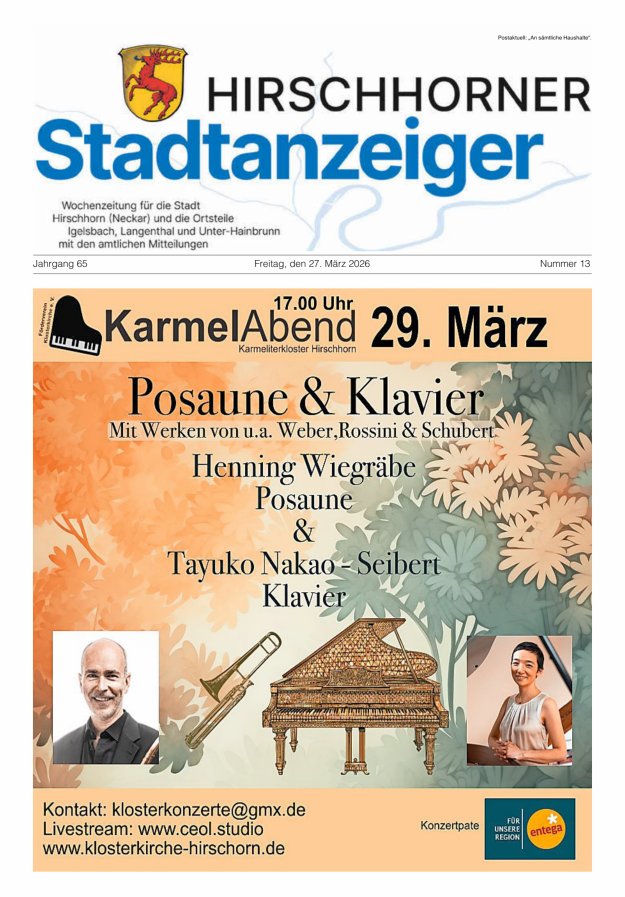 Hirschhorner Stadtanzeiger Titelblatt 13/2026