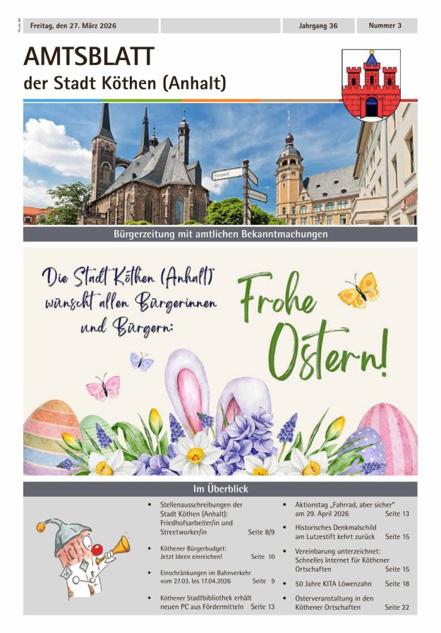 Amtsblatt der Stadt Köthen (Anhalt) – Bürgerzeitung mit amtlichen Bekanntmachungen Titelblatt 03/2026