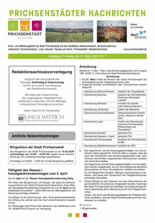 Prichsenstädter Nachrichten Titelblatt 07/2026