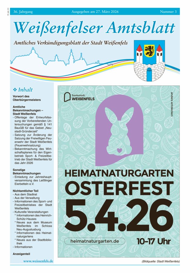 Weißenfelser Amtsblatt – Amtliches Verkündungsblatt der Stadt Weißenfels Titelblatt 03/2026
