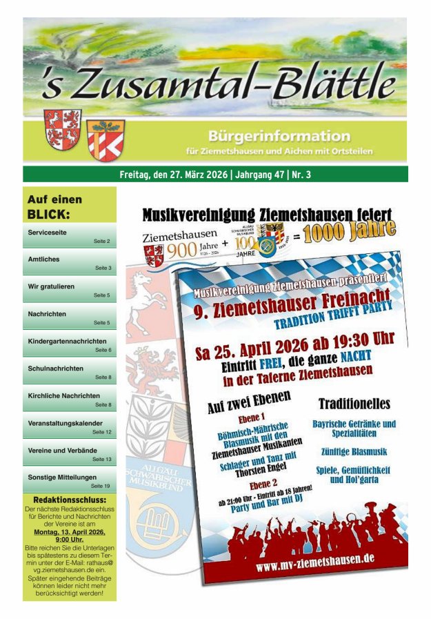 's Zusamtal-Blättle Bürgerinformationen für Ziemetshausen und Aichen mit OTen Titelblatt 03/2026