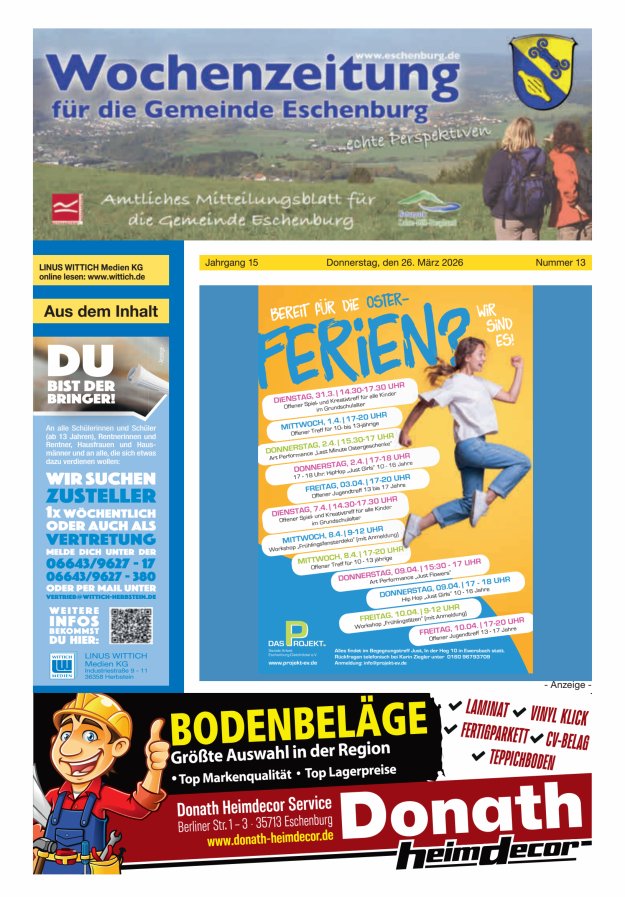 Wochenzeitung für die Gemeinde Eschenburg Titelblatt 13/2026