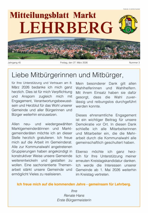 Mitteilungsblatt Markt Lehrberg Titelblatt 03/2026
