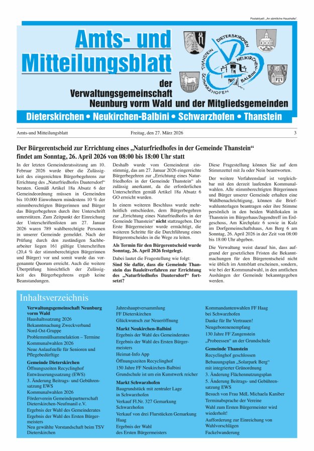Amts- u Mitteilungsblatt der VG Neunburg vorm Wald u d Mitgliedsgemeinden Titelblatt 03/2026