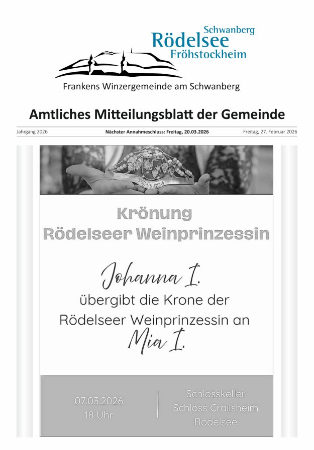Amtliches Mitteilungsblatt der Gemeinde Rödelsee Titelblatt 02/2026