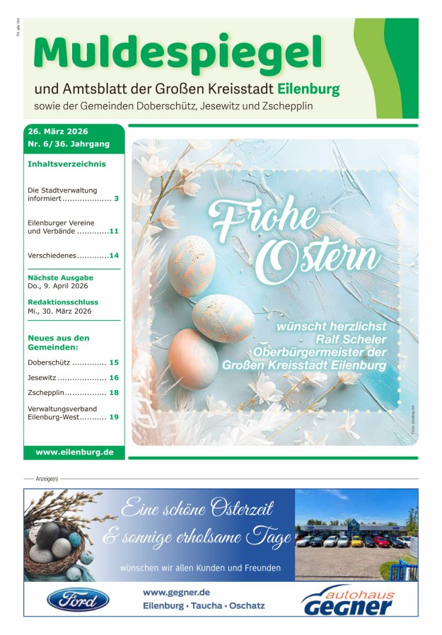 Muldespiegel und Amtsblatt der Großen Kreisstadt Eilenburg und der Gemeinden Titelblatt 06/2026