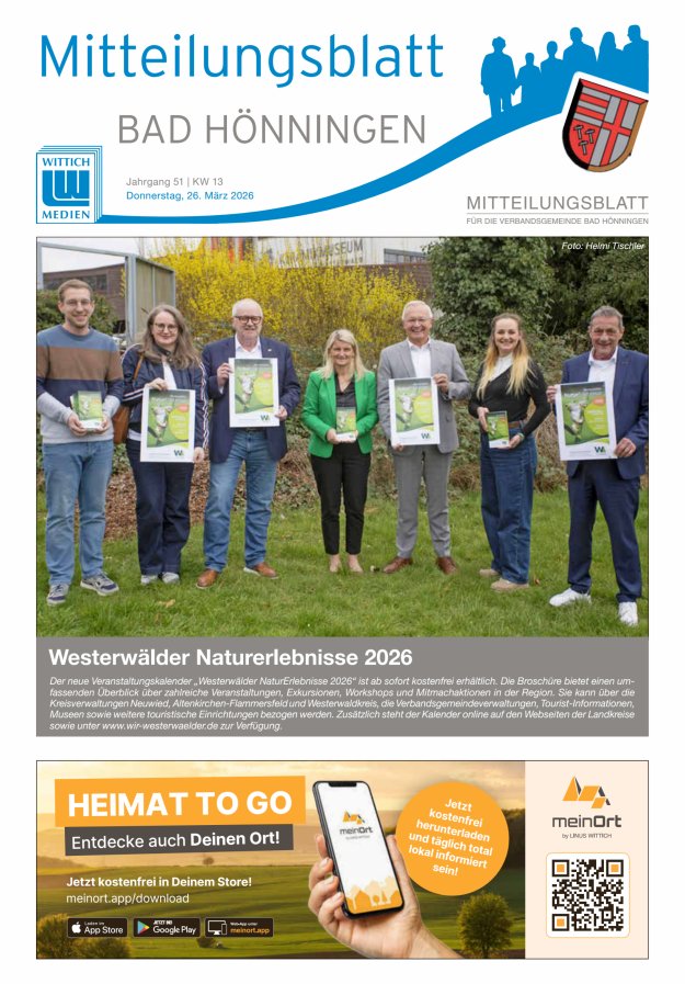 Mitteilungsblatt für den Bereich der Verbandsgemeinde Bad Hönningen Titelblatt 13/2026
