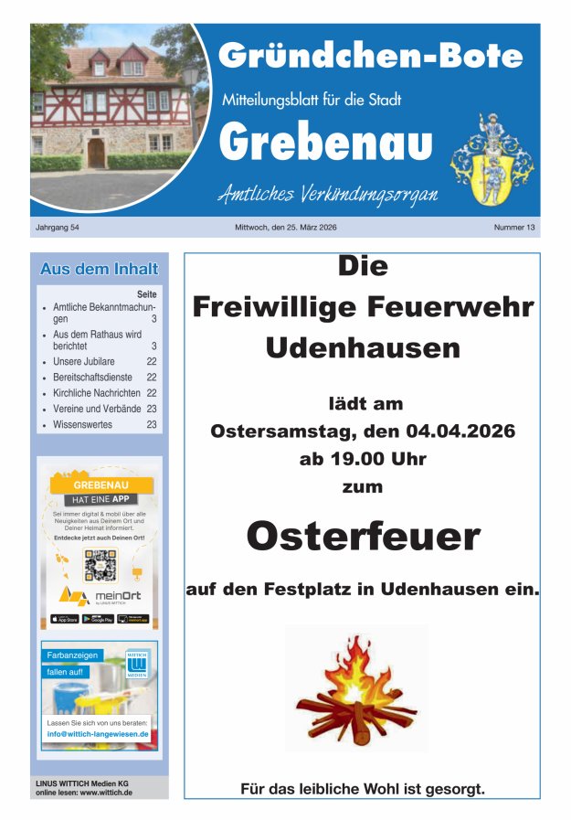 Grebenau - Gründchen Bote - Mitteilungsblatt für die Stadt Grebenau Titelblatt 13/2026