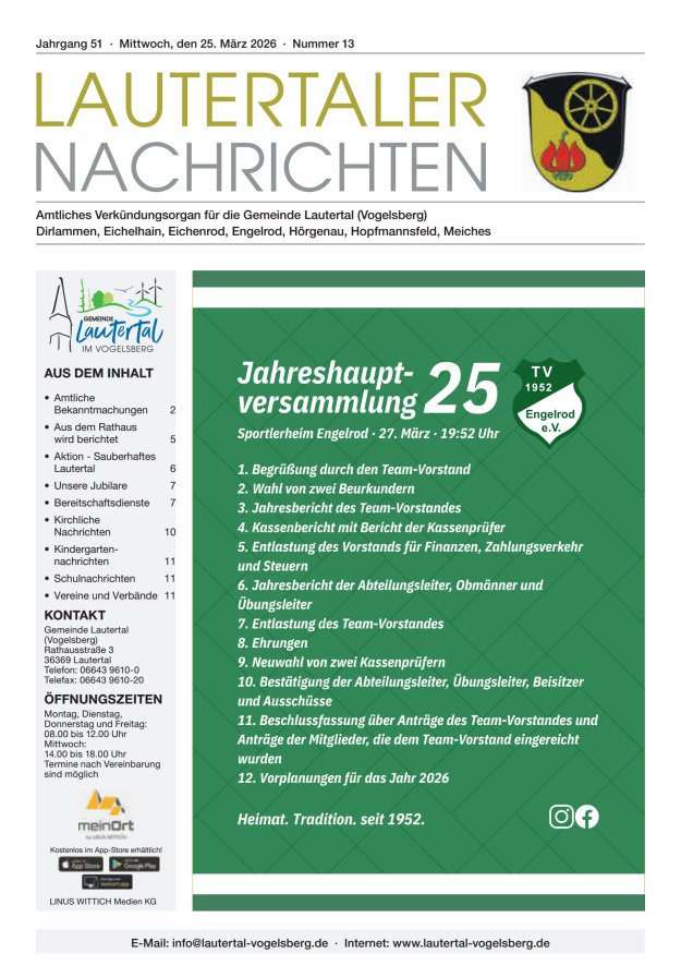 Lautertaler Nachrichten Titelblatt 13/2026