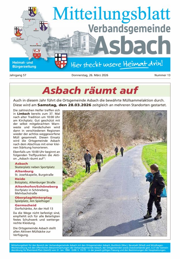 Mitteilungsblatt Verbandsgemeinde Asbach Titelblatt 13/2026