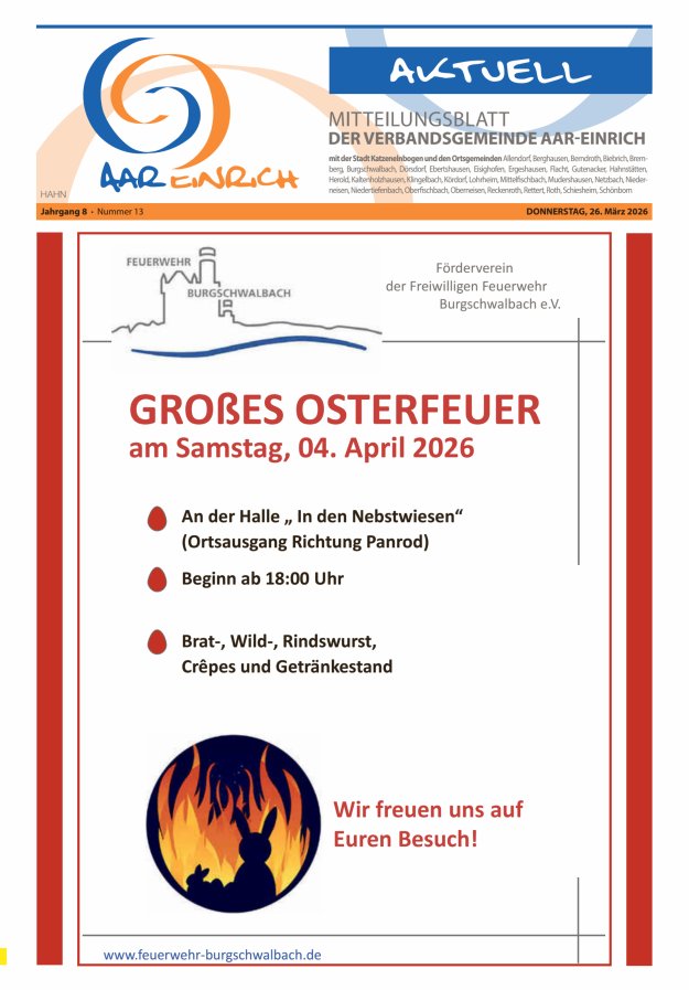 Mitteilungsblatt der Verbandsgemeinde Aar-Einrich Ausgabe Hahnstätten Titelblatt 13/2026