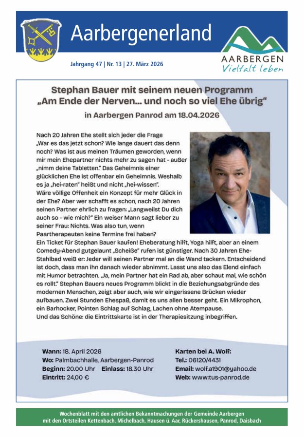 Aarbergenerland - Wochenblatt mit den amtlichen Bekanntmachungen Titelblatt 13/2026