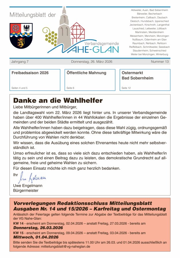 Mitteilungsblatt für die Verbandsgemeinde Nahe-Glan Titelblatt 13/2026