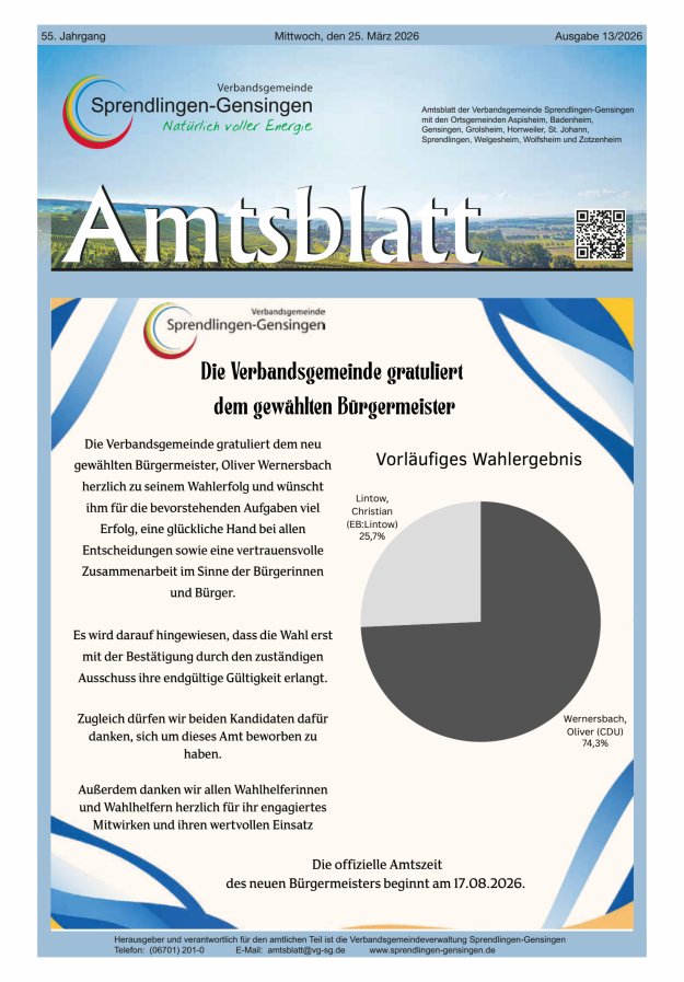 Amtsblatt VG Sprendlingen-Gensingen Titelblatt 13/2026