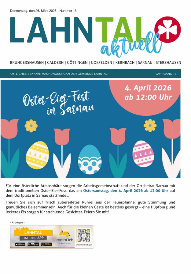 Amtliches Bekanntmachungsorgan der Gemeinde Lahntal Titelblatt 13/2026