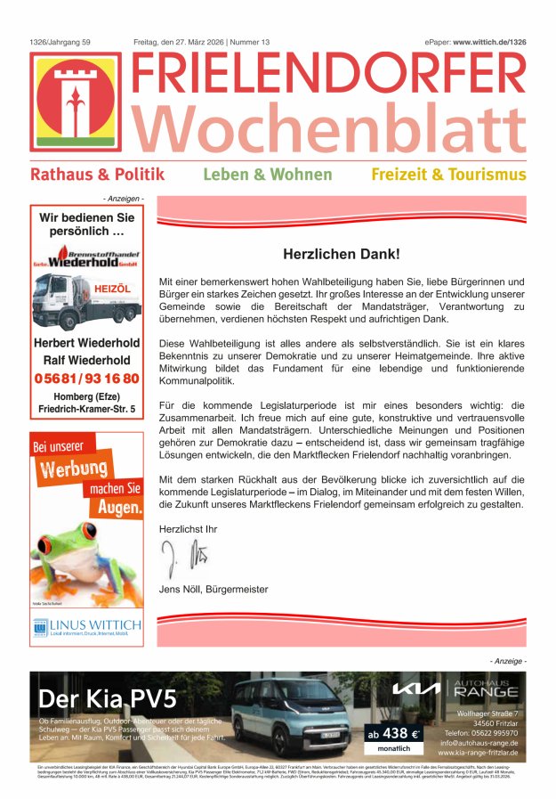 Frielendorfer Wochenblatt Titelblatt 13/2026
