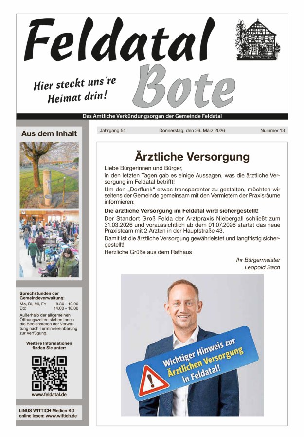 Das Amtliche Verkündungsorgan der Gemeinde Feldatal Titelblatt 13/2026