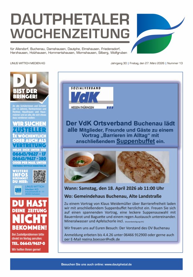 Dautphetaler Wochenzeitung Titelblatt 13/2026