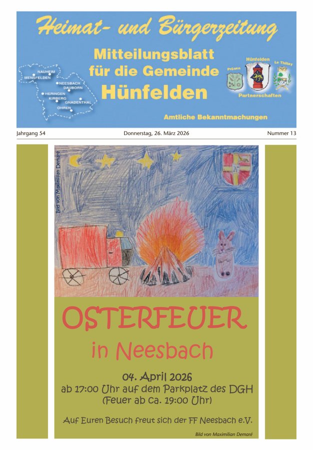 Mitteilungsblatt für die Gemeinde Hünfelden Titelblatt 13/2026