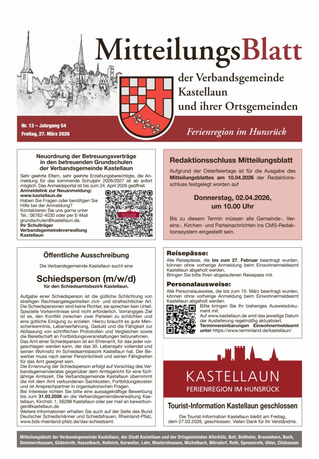 Mitteilungsblatt Kastellaun Titelblatt 13/2026
