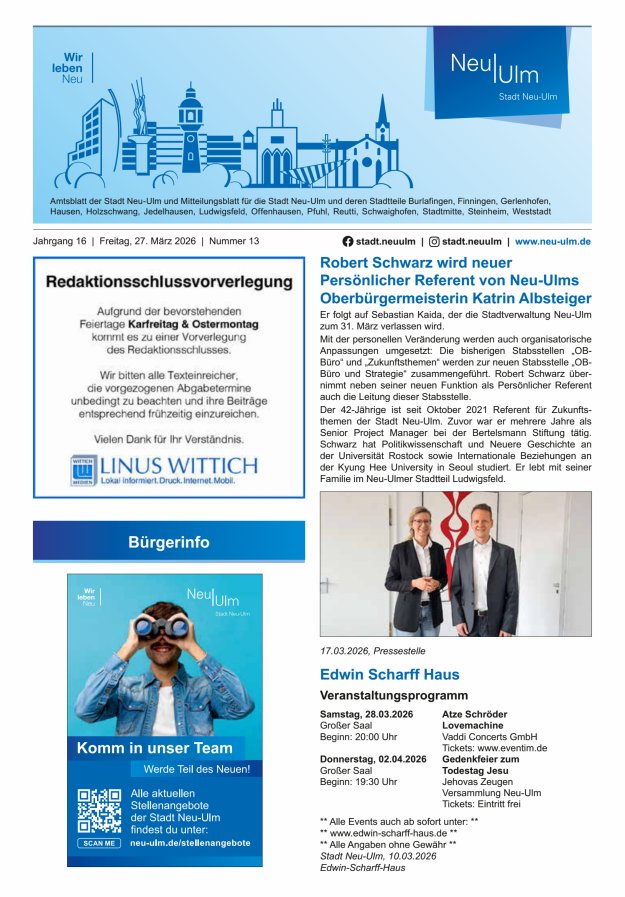 Amtsblatt der Stadt Neu-Ulm und Mitteilungsblatt für die Stadt Neu-Ulm Titelblatt 13/2026