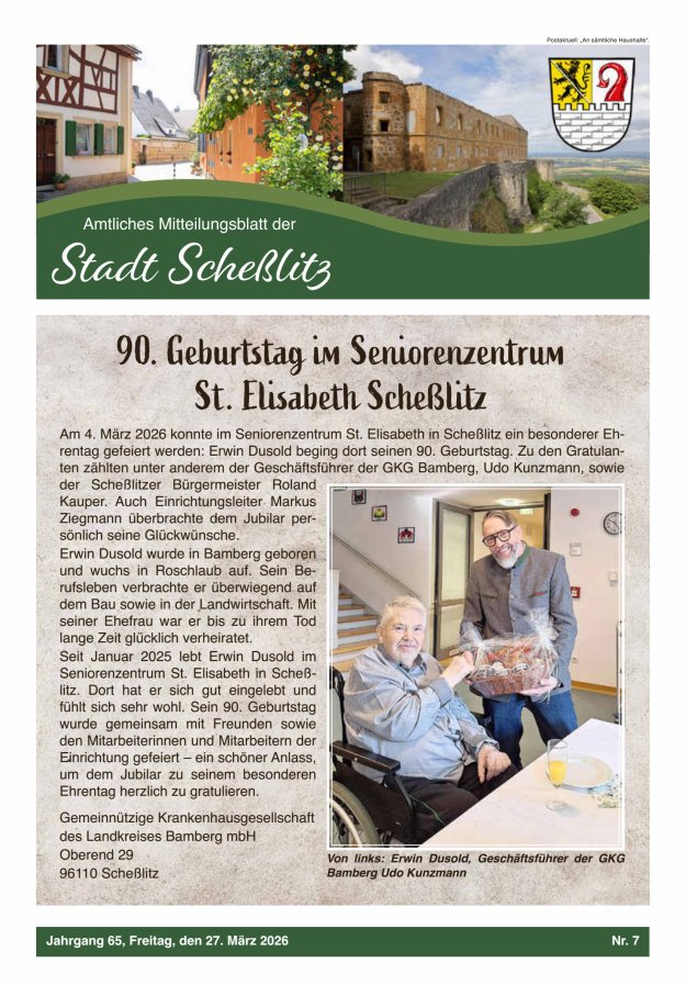 Scheßlitzer Anzeiger - Amtliches Mitteilungsblatt der Stadt Scheßlitz Titelblatt 07/2026