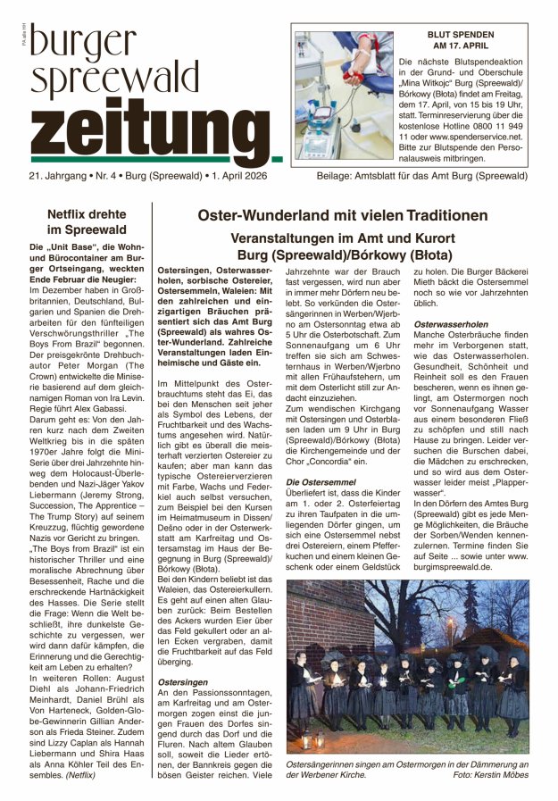 Burger Spreewald Zeitung - Amtsblatt für das Amt Burg (Spreewald) Titelblatt 04/2026
