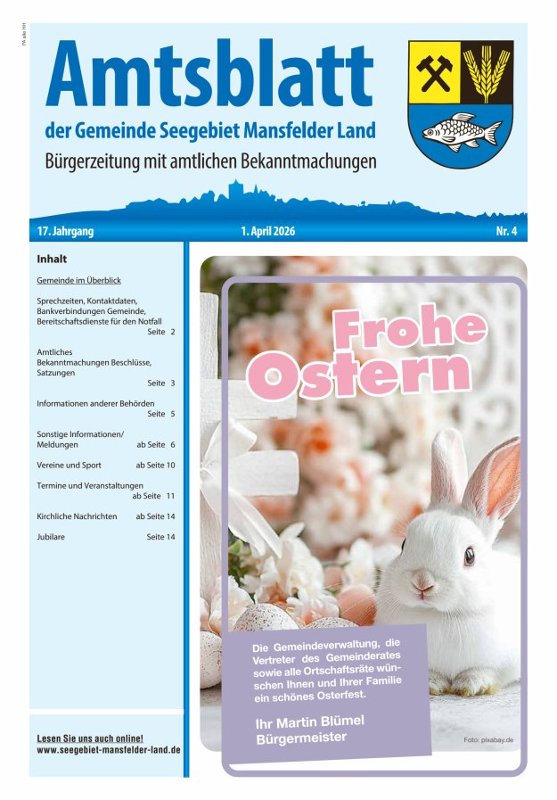 Amtsblatt der Gemeinde Seegebiet Mansfelder Land Titelblatt 04/2026