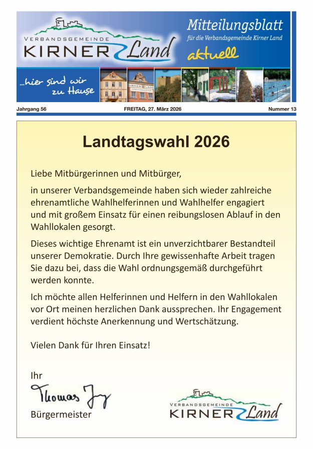 Mitteilungsblatt für den Bereich der Verbandsgemeinde Kirner Land Titelblatt 13/2026
