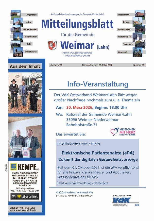 Mitteilungsblatt für die Gemeinde Weimar Titelblatt 13/2026
