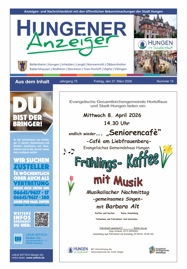 Anzeigen- und Nachrichtenblatt mit den öff  Bekanntmachungen der Stadt Hungen Titelblatt 13/2026