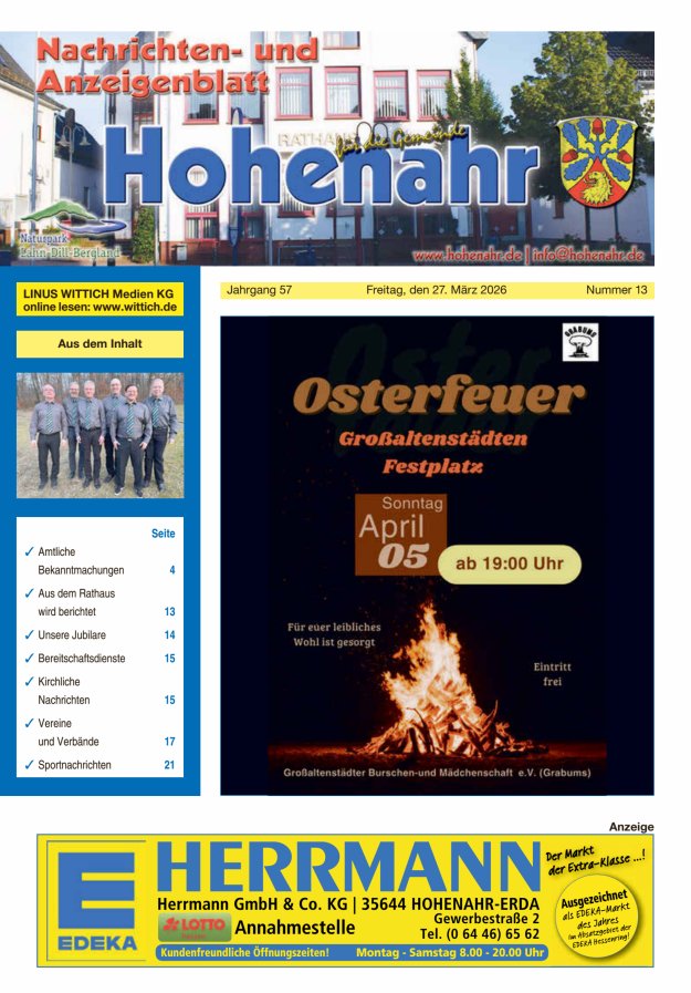 Nachrichten- und Anzeigenblatt für die Gemeinde Hohenahr Titelblatt 13/2026