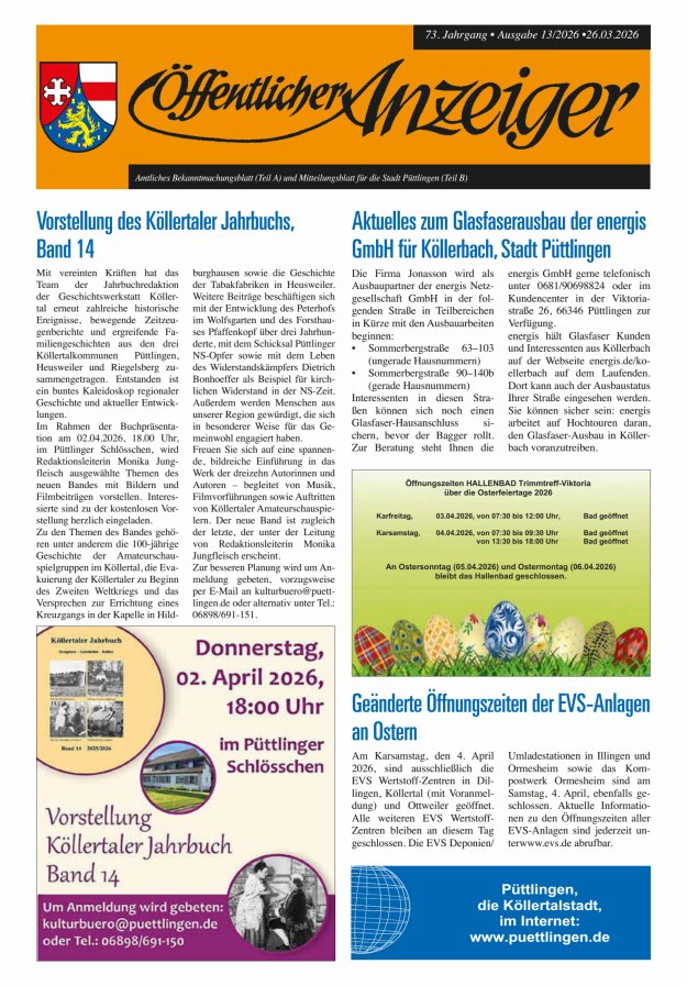 Öffentlicher Anzeiger - Stadt Püttlingen Titelblatt 13/2026