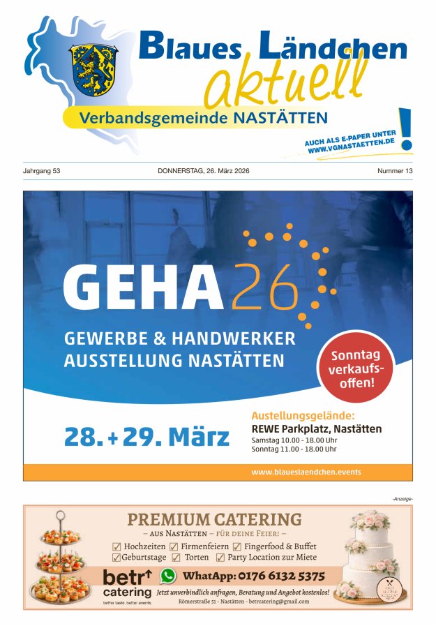 Blaues Ländchen aktuell - Heimat- u Bürgerzeitung VG Nastätten Titelblatt 13/2026