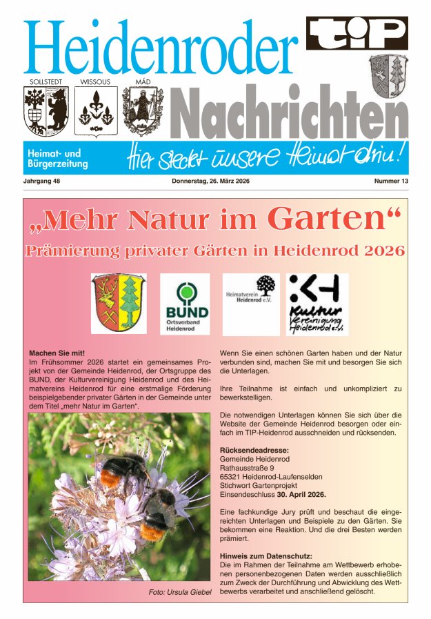 "tip" Heidenroder Nachrichten Titelblatt 13/2026