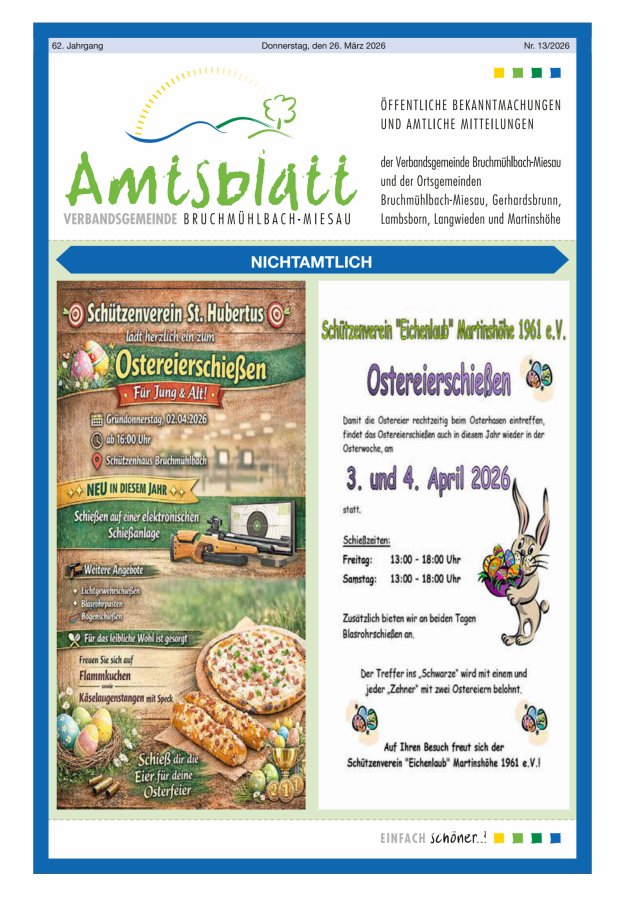 Amtsblatt der VG Bruchmühlbach-Miesau Titelblatt 13/2026